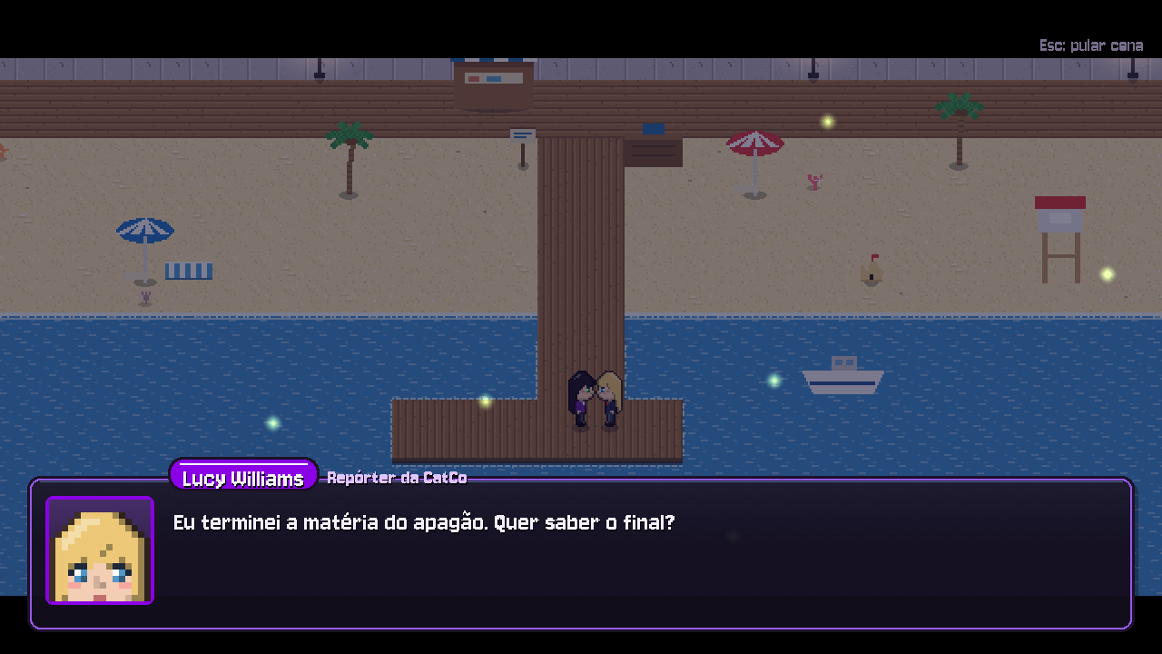 Cutscene noturna no píer com a Lucy Williams