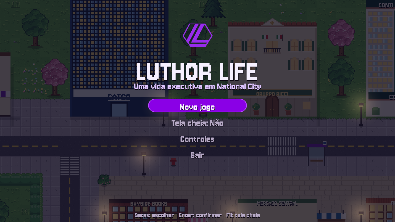 Tela de título do Luthor Life sobre a cidade de National City à noite