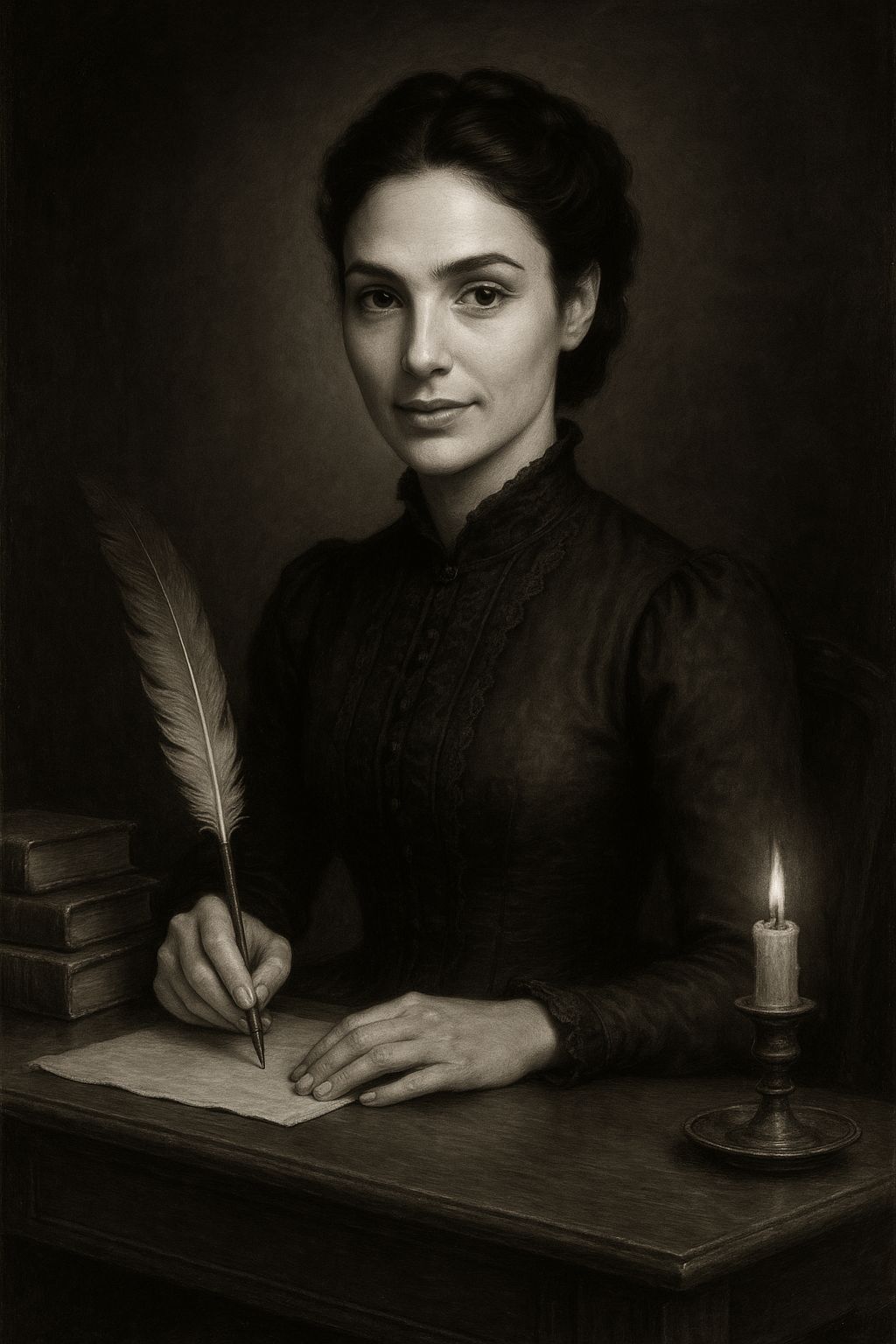 Retrato de Letícia Luthor segurando uma pena